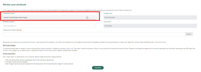 Choose the Sustainability Program and Marketplaces Where the Product Is Available