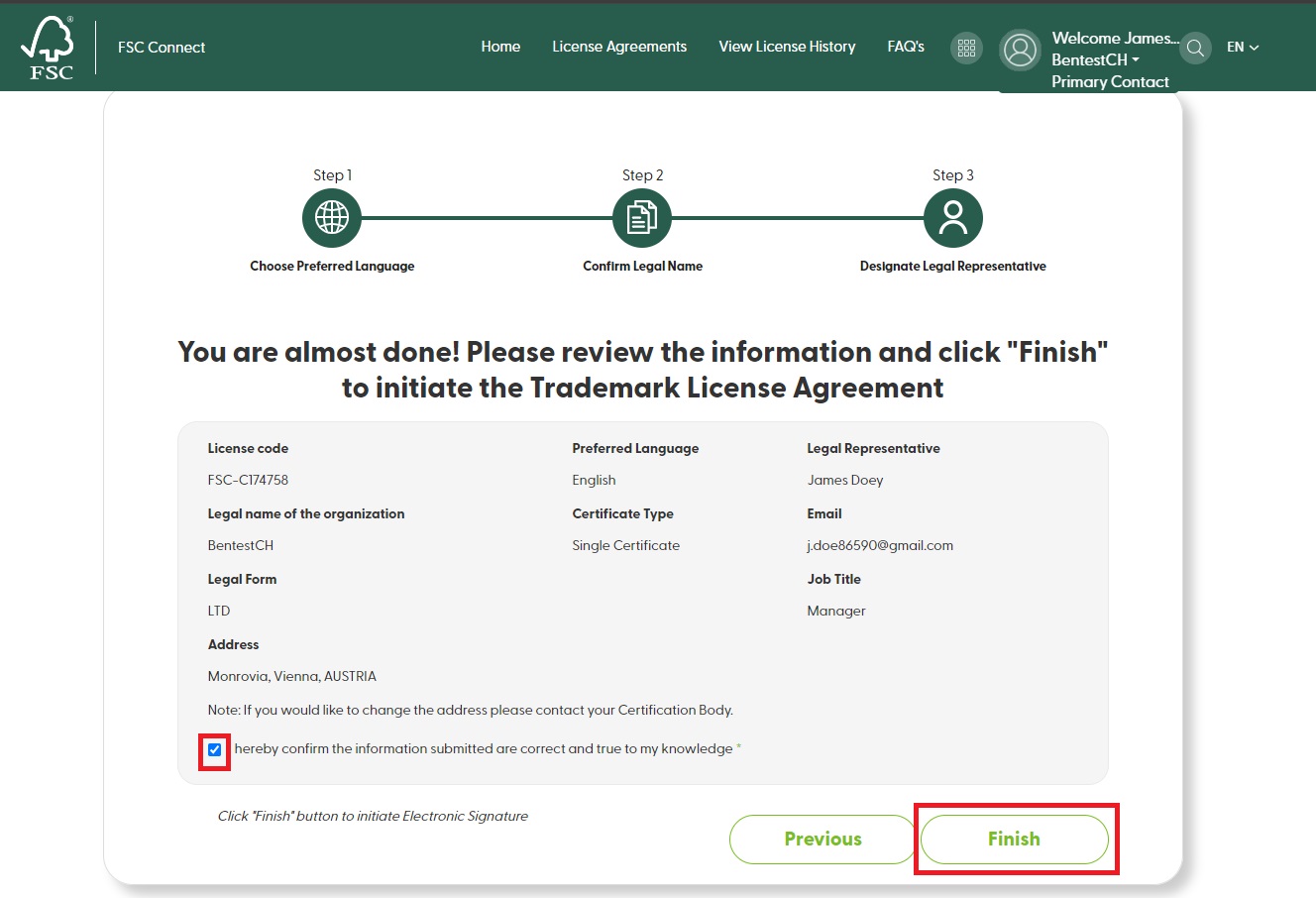 finish to initiate e-signature